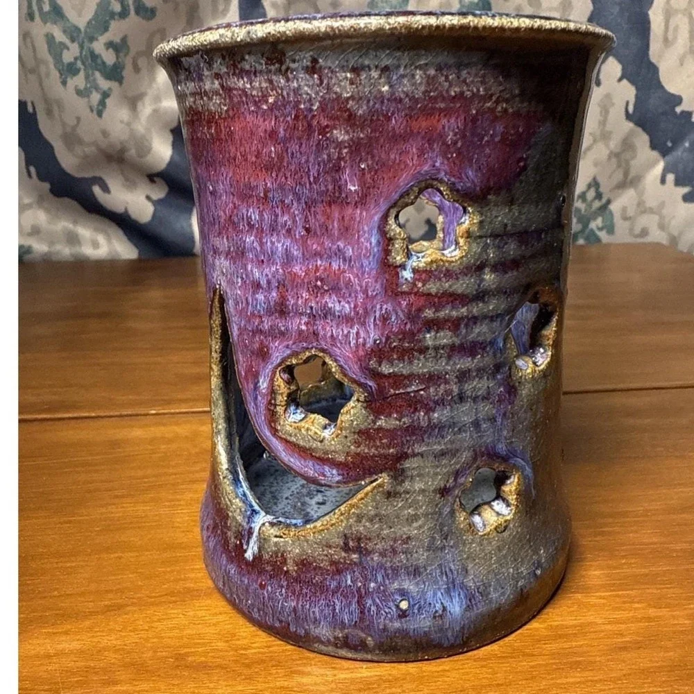 Blue/Purple Glaze Pottery TeaLight/Candle Holder Signed/ by Artist Pottery Clay‎